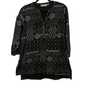 Utsa Cotton Flex Blend Black Gray Geometric Abstract 3/4 Sleeve XXL Tunic Top